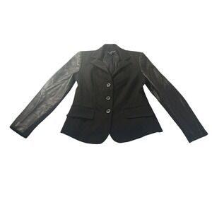 Donna Degnan‎ Womens Blazer Size 4 Black Leather Sleeve Tailored Jacket Edgy